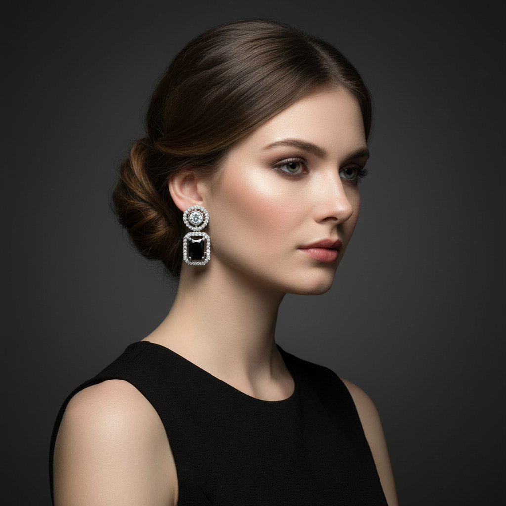 Elegant rhodium plated dangle earrings featuring a round halo stud and a large, emerald-cut black gemstone surrounded by a halo of brilliant American Diamonds (AD). Perfect for parties and formal events.
