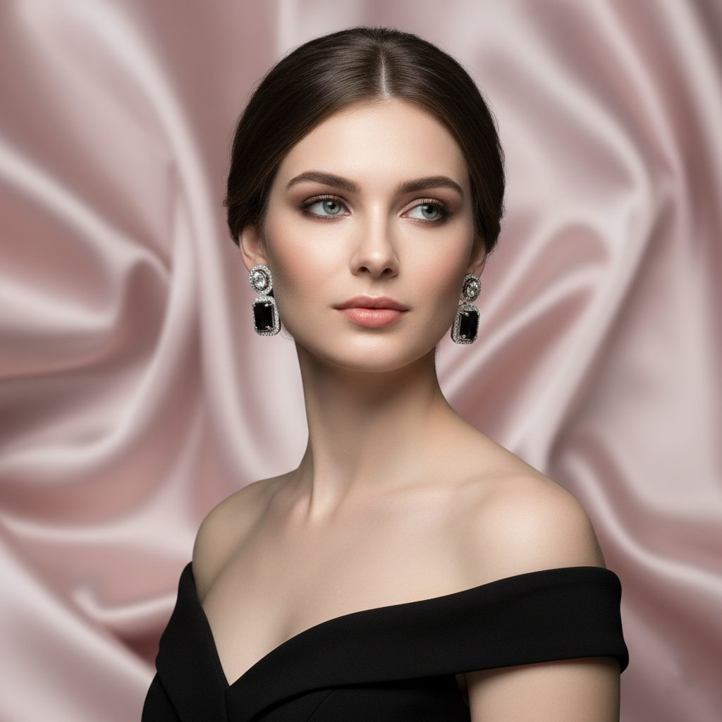 Elegant rhodium plated dangle earrings featuring a round halo stud and a large, emerald-cut black gemstone surrounded by a halo of brilliant American Diamonds (AD). Perfect for parties and formal events.