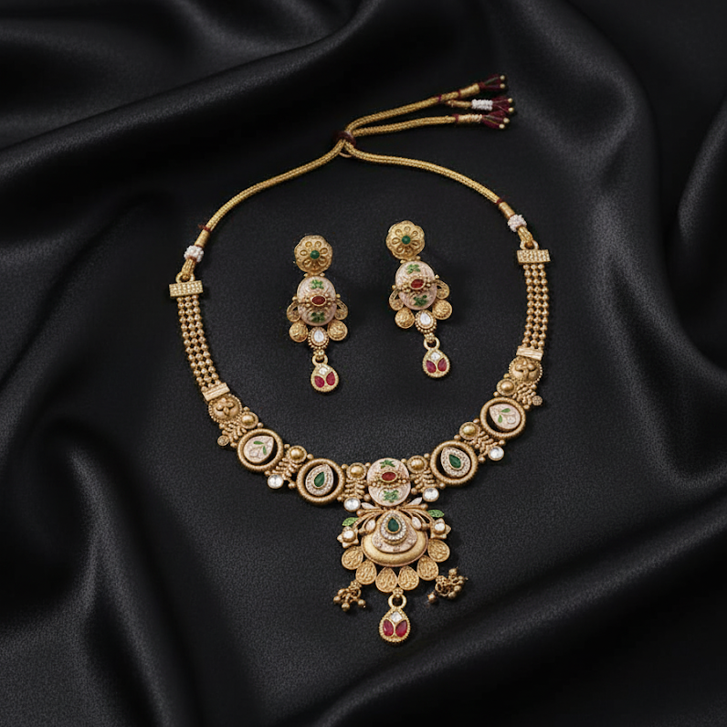Royal Meenakari Matte Gold Hasli Necklace Set