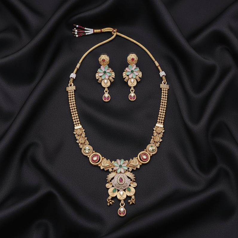 Pastel Meenakari Matte Gold Hasli Set