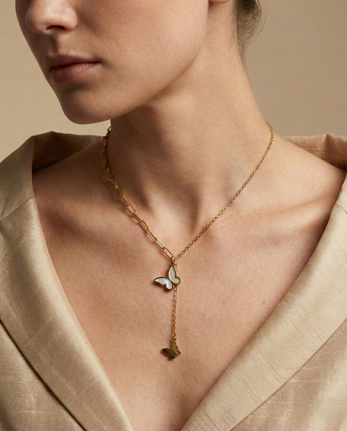 Gilded Pearly Butterfly Lariat Necklace