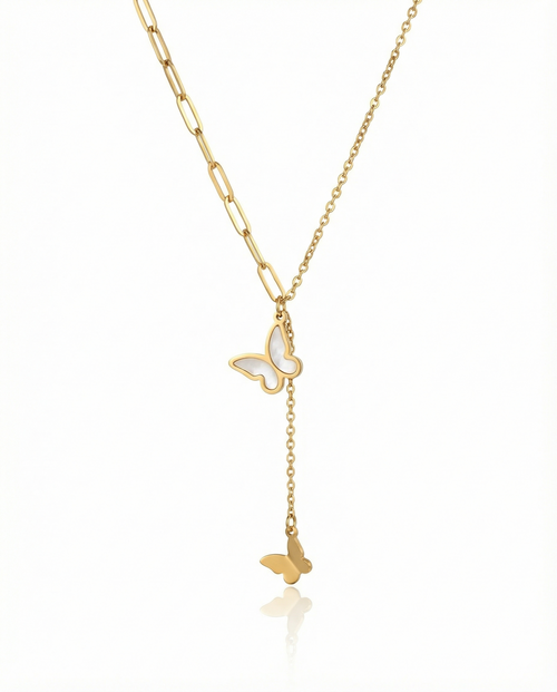 Gilded Pearly Butterfly Lariat Necklace