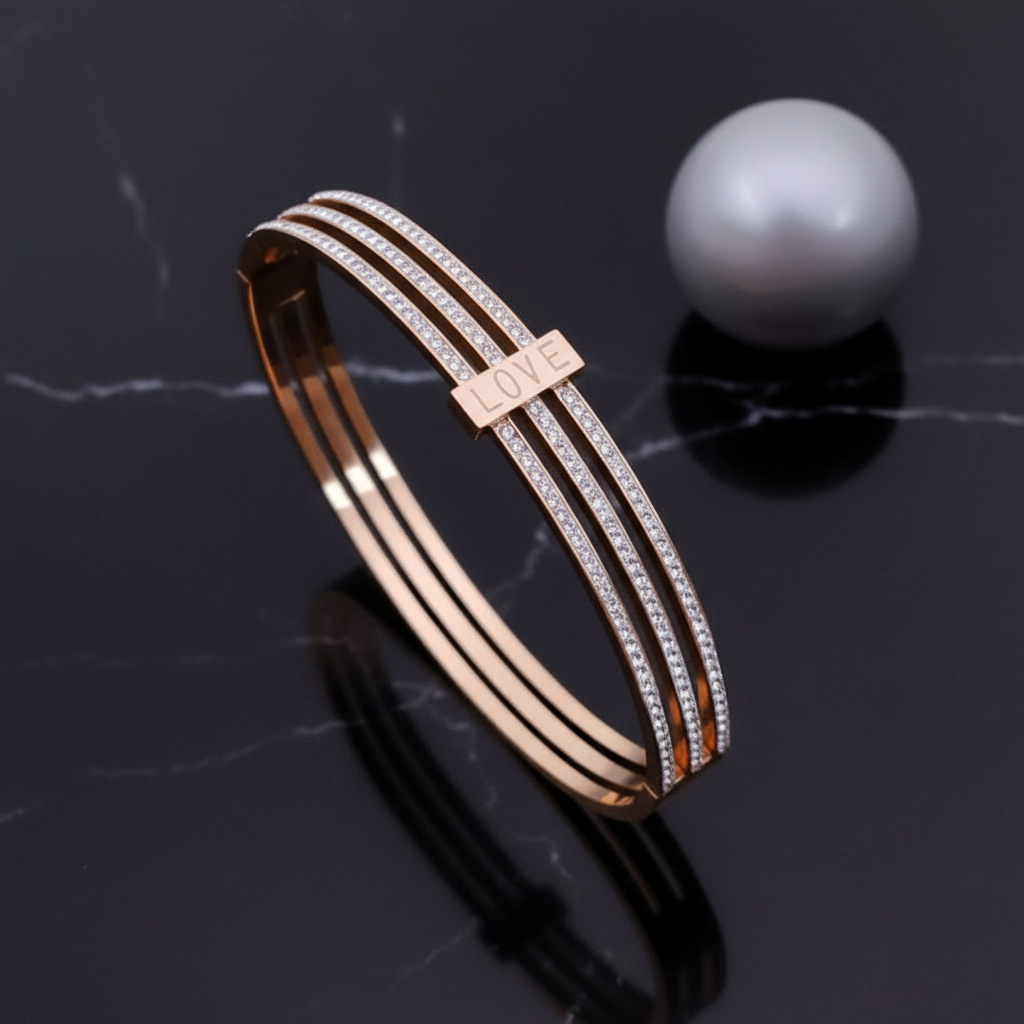 Rose Gold LOVE Engraved Pave AD Kada Bracelet