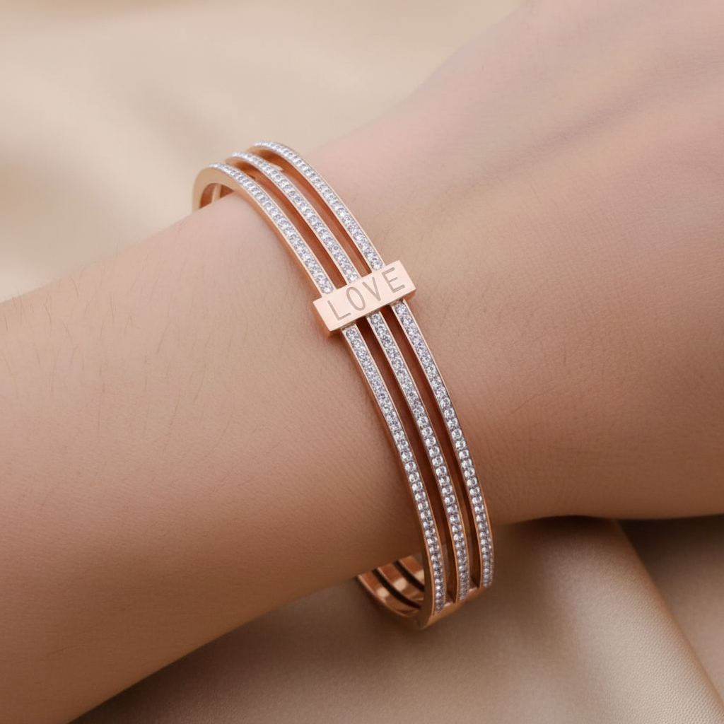 Rose Gold LOVE Engraved Pave AD Kada Bracelet