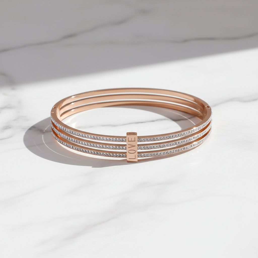 Rose Gold LOVE Engraved Pave AD Kada Bracelet