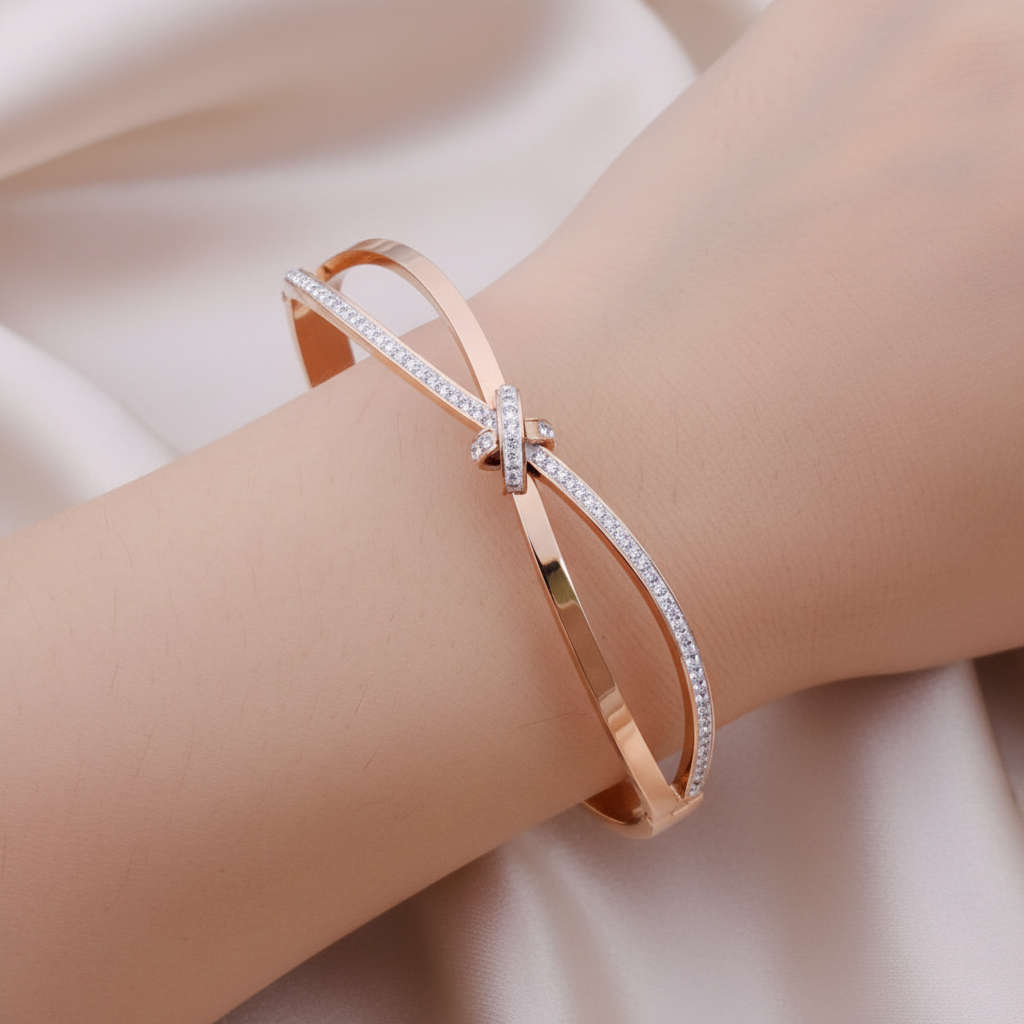 Elegant Rose Gold Sparkling Knot AD Kada Bracelet