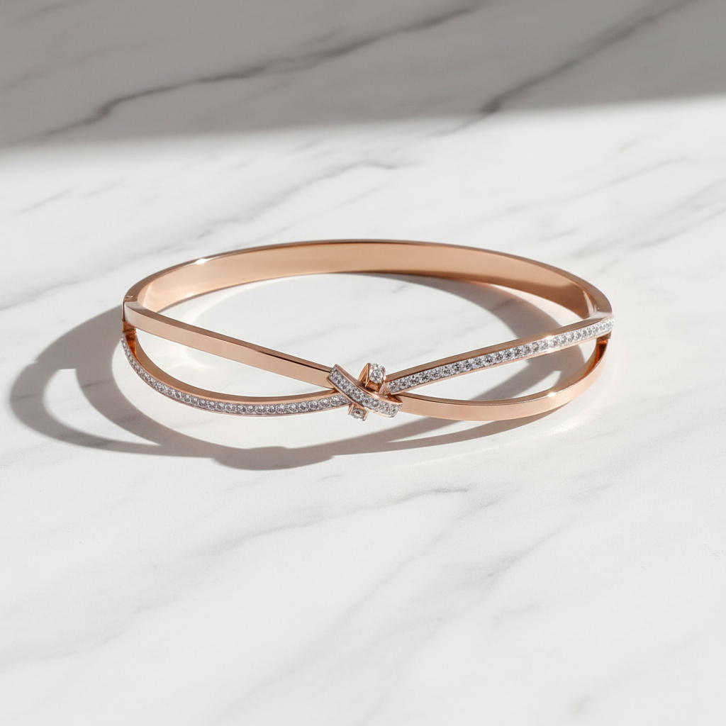 Elegant Rose Gold Sparkling Knot AD Kada Bracelet