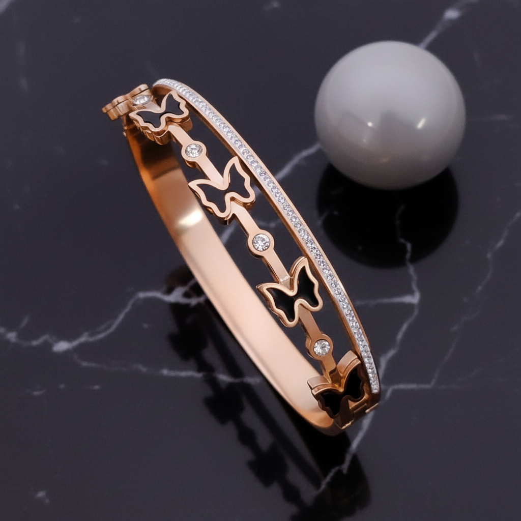 Stylish Rose Gold Black Butterfly AD Kada Bracelet