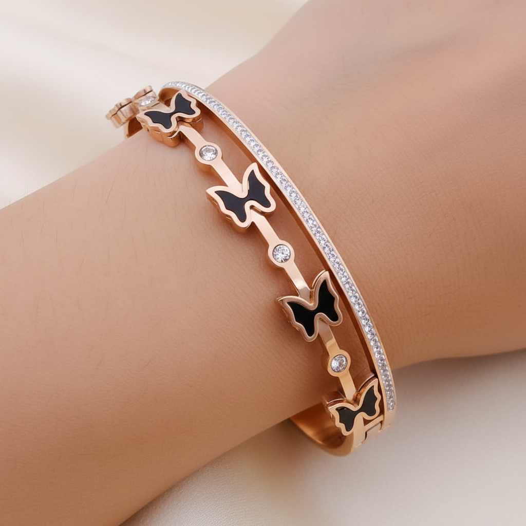 Stylish Rose Gold Black Butterfly AD Kada Bracelet