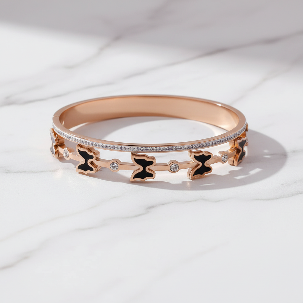 Stylish Rose Gold Black Butterfly AD Kada Bracelet