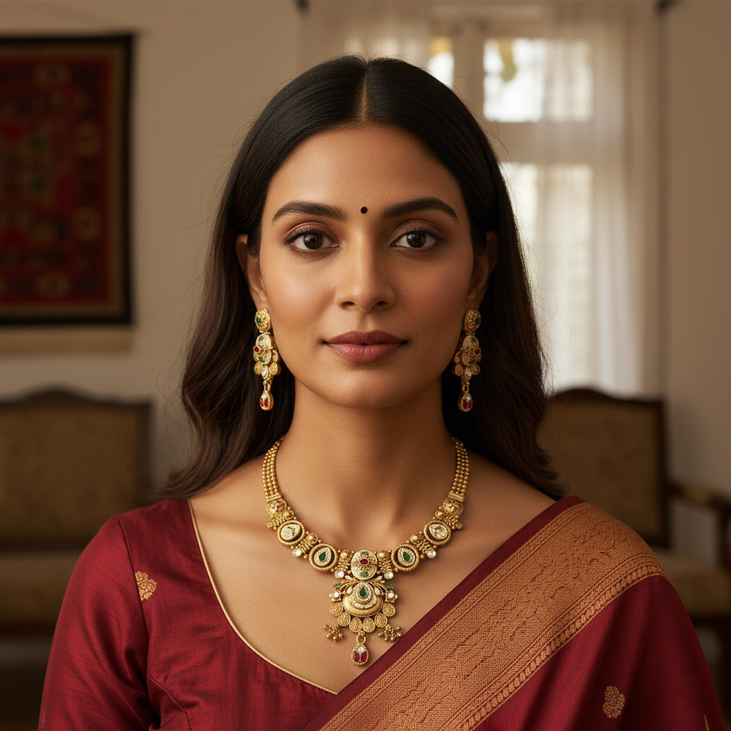 Royal Meenakari Matte Gold Hasli Necklace Set