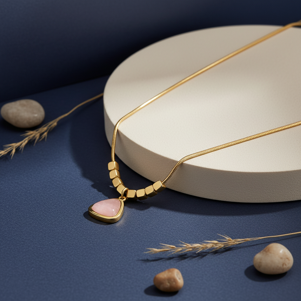 Minimalist gold plated snake chain necklace featuring a smooth triangular gemstone pendant and decorative square beads. Available in Green, Pink, and White. Modern daily wear jewellery for women. Minimalist Necklace, Gold Plated Necklace, Geometric Jewellery, Triangle Pendant, Snake Chain Necklace, Daily Wear Jewellery, Office Wear Necklace, Stone Pendant, Modern Necklace, Vrumaira, Surat Jewellery, Green Stone Necklace, Pink Stone Necklace, White Stone Necklace, Rose Quartz Look, Jade Look, Opal Look