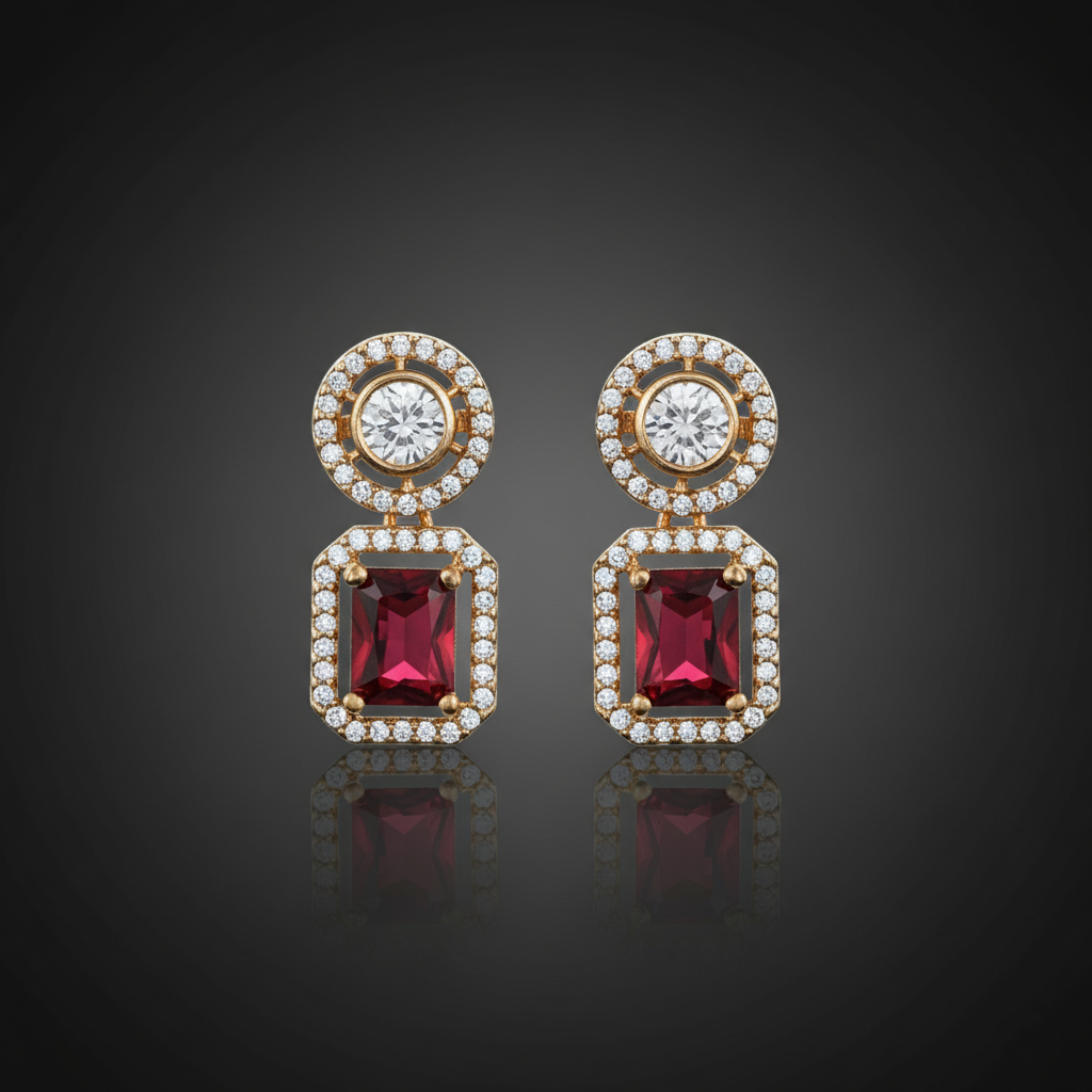 Royal gold plated dangle earrings with a round halo stud and a large, emerald-cut red gemstone (ruby look) in a halo of brilliant American Diamonds (AD). Perfect for weddings and festive occasions.