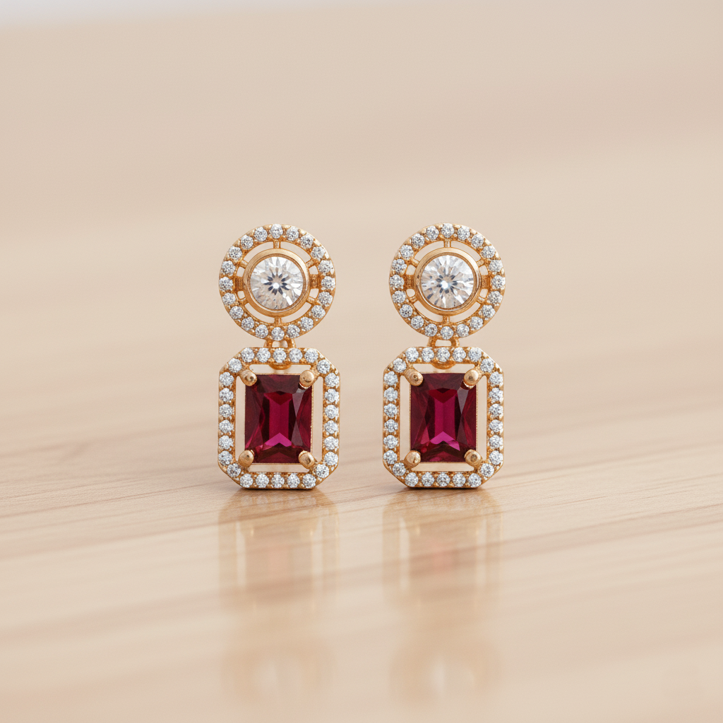 Royal gold plated dangle earrings with a round halo stud and a large, emerald-cut red gemstone (ruby look) in a halo of brilliant American Diamonds (AD). Perfect for weddings and festive occasions.