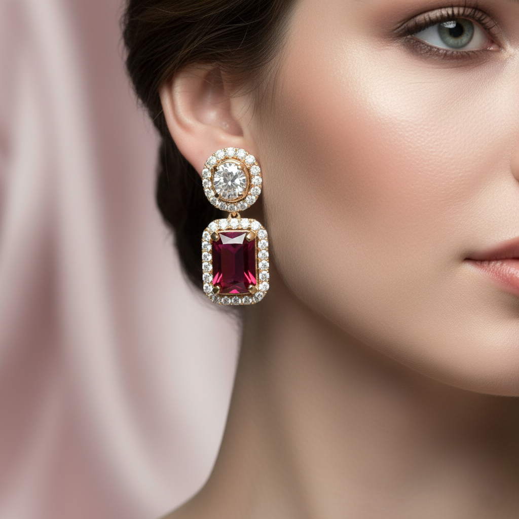 Royal gold plated dangle earrings with a round halo stud and a large, emerald-cut red gemstone (ruby look) in a halo of brilliant American Diamonds (AD). Perfect for weddings and festive occasions.