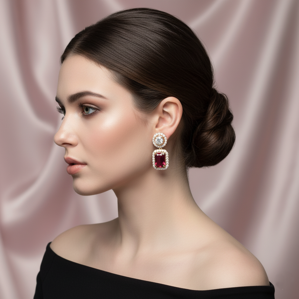 Royal gold plated dangle earrings with a round halo stud and a large, emerald-cut red gemstone (ruby look) in a halo of brilliant American Diamonds (AD). Perfect for weddings and festive occasions.