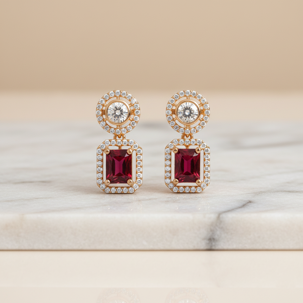 Royal gold plated dangle earrings with a round halo stud and a large, emerald-cut red gemstone (ruby look) in a halo of brilliant American Diamonds (AD). Perfect for weddings and festive occasions.