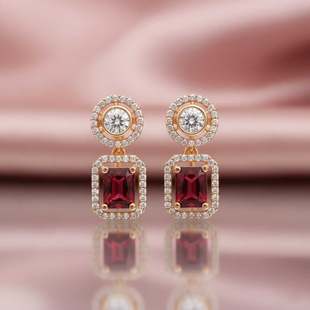 Royal gold plated dangle earrings with a round halo stud and a large, emerald-cut red gemstone (ruby look) in a halo of brilliant American Diamonds (AD). Perfect for weddings and festive occasions.