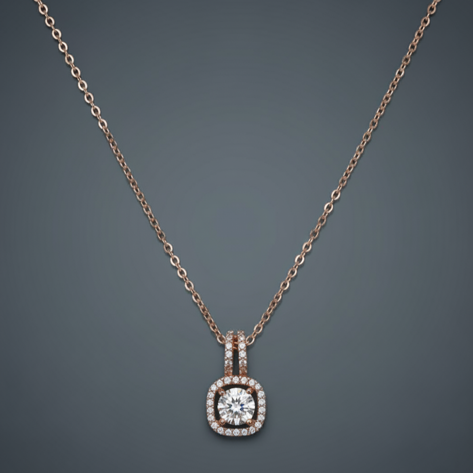 Rose Gold Square Halo Solitaire Diamond Necklace