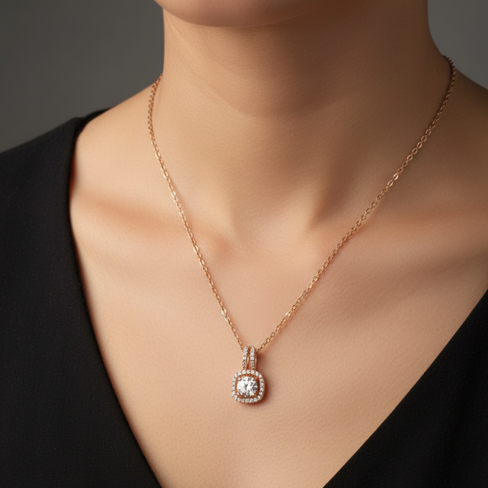 Rose Gold Square Halo Solitaire Diamond Necklace