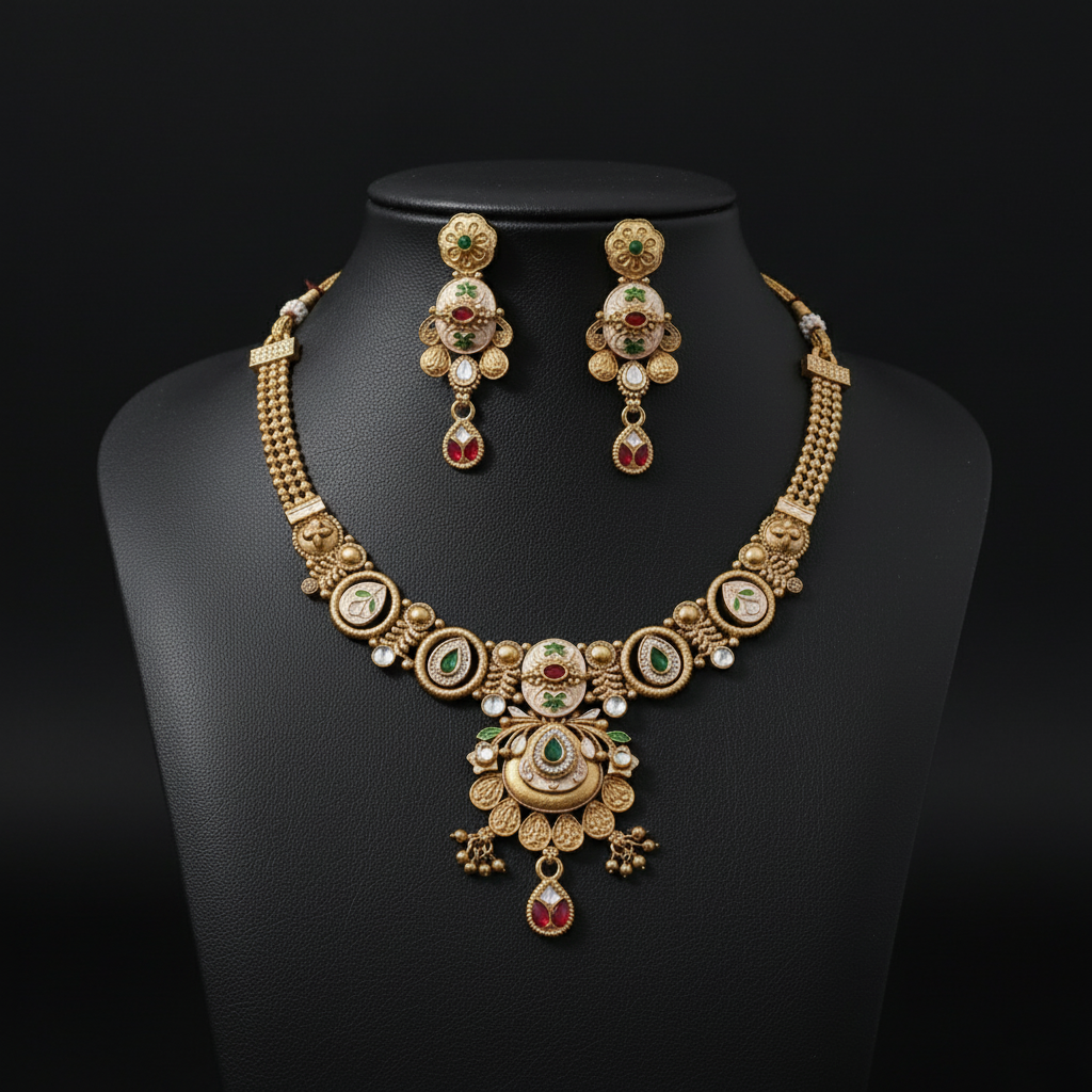 Royal Meenakari Matte Gold Hasli Necklace Set