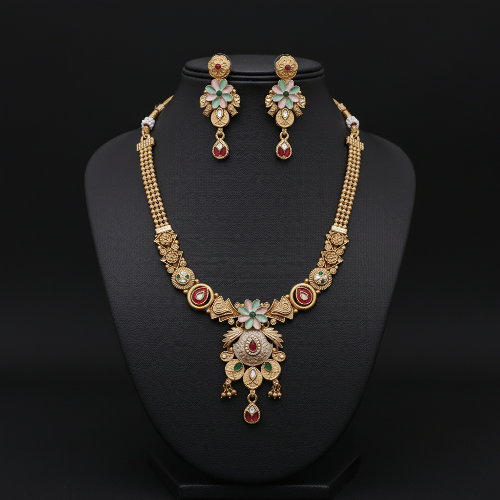 Pastel Meenakari Matte Gold Hasli Set